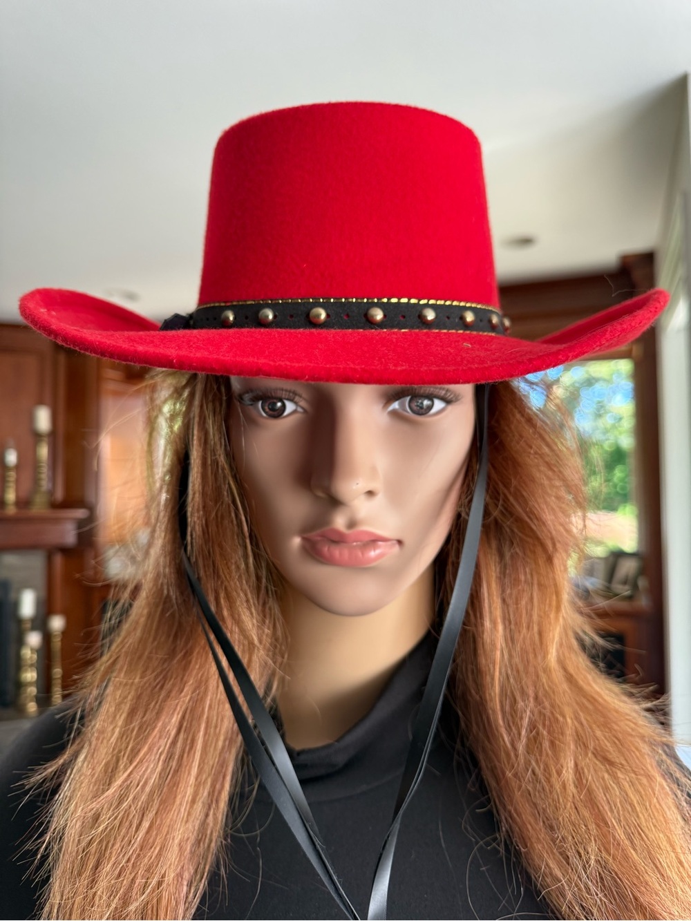 Red Felt Wide-Brim Cowgirl Hat with Studded Black Band